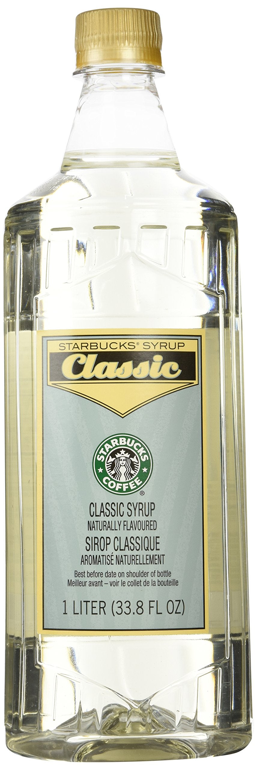 Starbucks Classic Syrup 1L bottle provides versatile flavor for home coffee.
