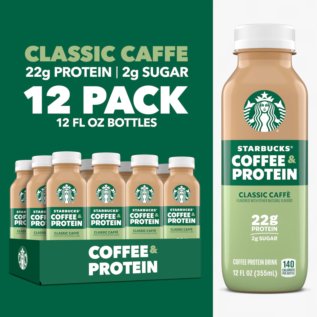 Starbucks protein coffee bottle close-up reveals no added sugar and clear nutrition.