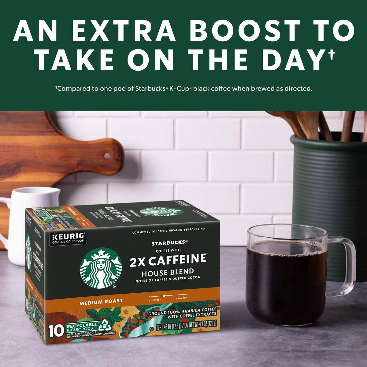 Starbucks coffee mug with steam and House Blend inviting savor.