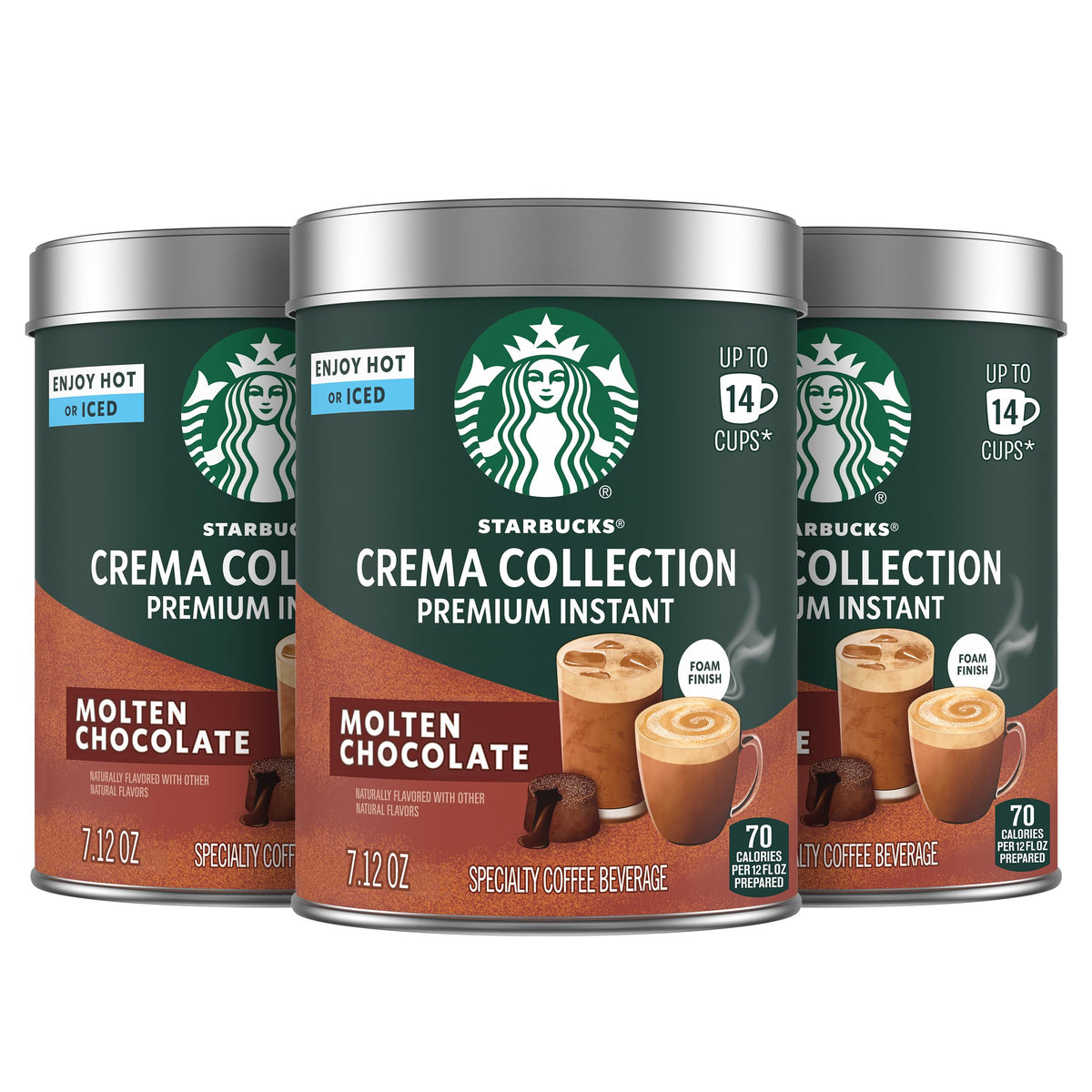 Starbucks Crema Molten Chocolate tins front shows premium instant coffee for quick indulgence