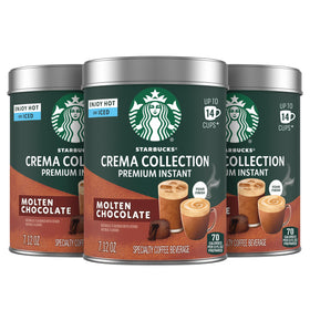 Starbucks Crema Molten Chocolate tins front shows premium instant coffee for quick indulgence