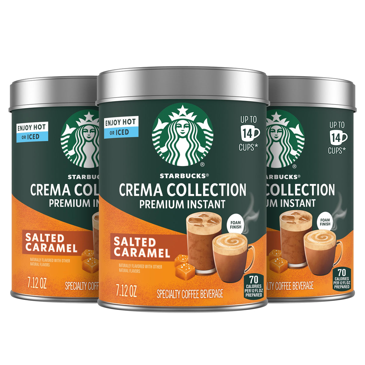 Starbucks Crema Collection salted caramel tin with frothy coffee for home enjoyment.