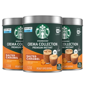 Starbucks Crema Collection salted caramel tin with frothy coffee for home enjoyment.
