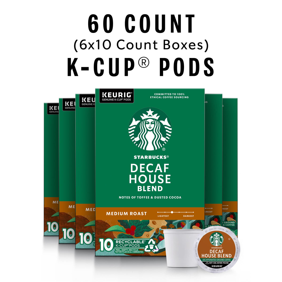 Starbucks Decaf House Blend K-Cup pods, side view, convenient decaf option for any time