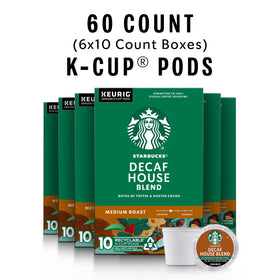 Starbucks Decaf House Blend K-Cup pods, side view, convenient decaf option for any time