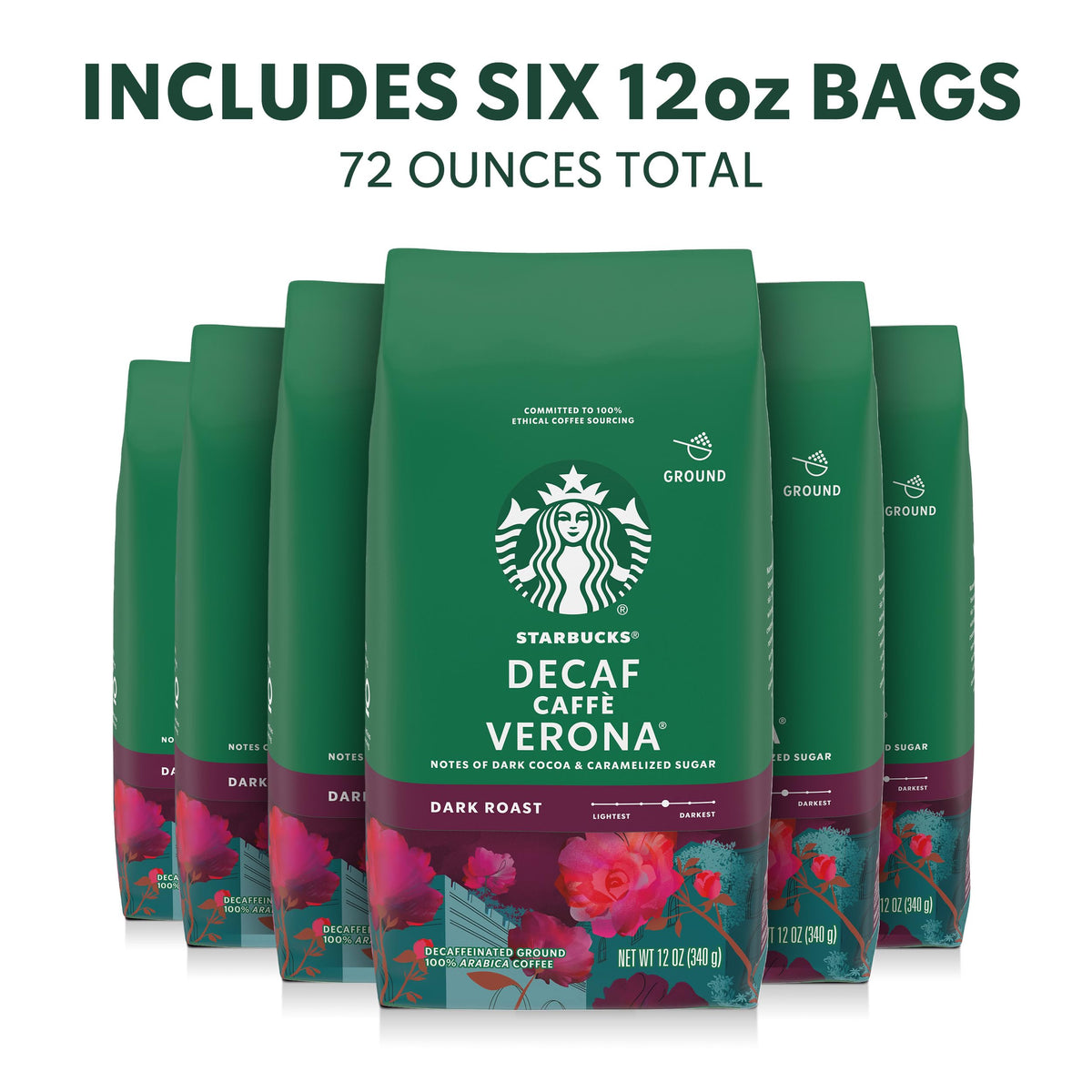 Starbucks Decaf Caffè Verona dark roast beans release rich aroma and smooth finish.