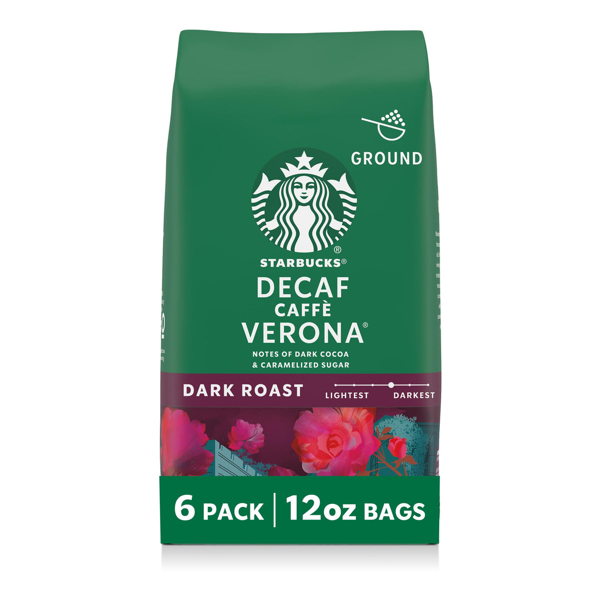 Starbucks Decaf Caffè Verona ground coffee bags offer premium flavor for everyday brewing.