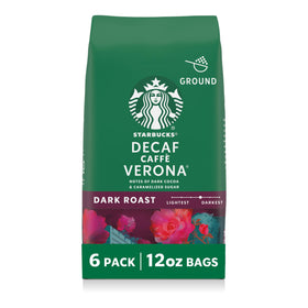 Starbucks Decaf Caffè Verona ground coffee bags offer premium flavor for everyday brewing.