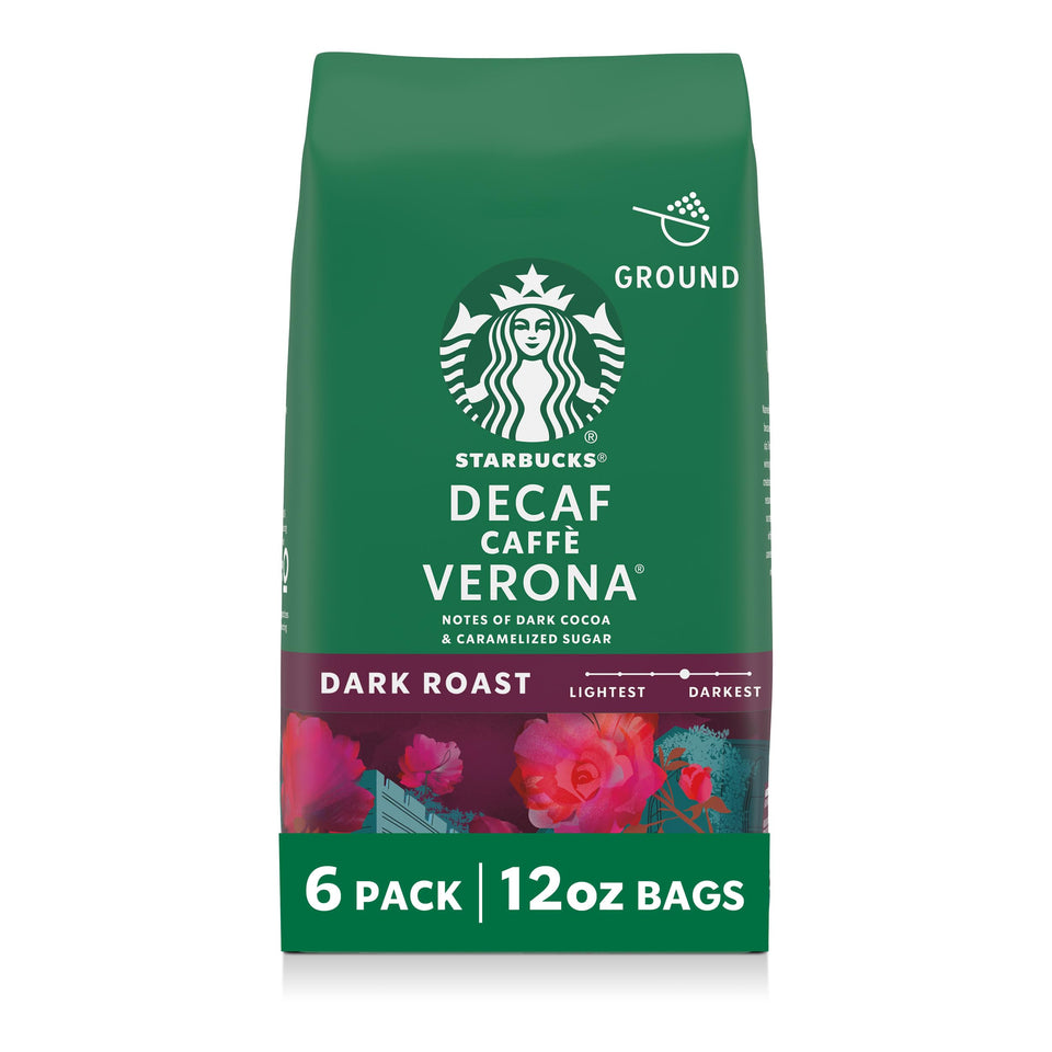 Starbucks Decaf Caffè Verona ground coffee bags offer premium flavor for everyday brewing.