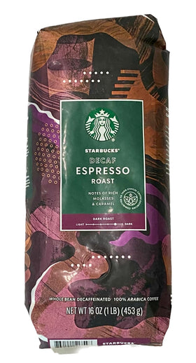 Starbucks Decaf Espresso whole bean bag on counter for rich aroma