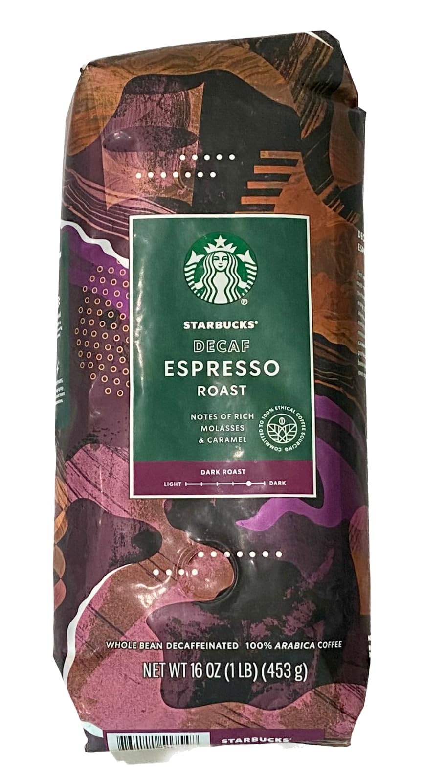 Starbucks Decaf Espresso whole bean bag on counter for rich aroma
