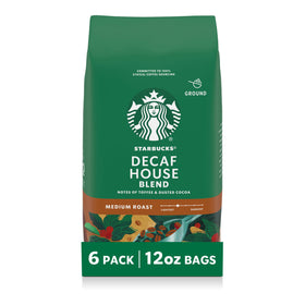 Starbucks Decaf House Blend ground coffee six bags for home brewing convenience.