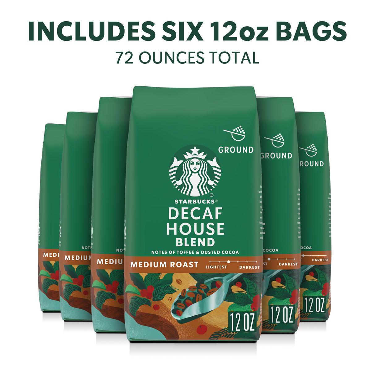 Starbucks Decaf House Blend packaging close-up showing the bag design and label.