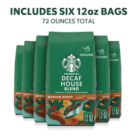 Starbucks Decaf House Blend packaging close-up showing the bag design and label.