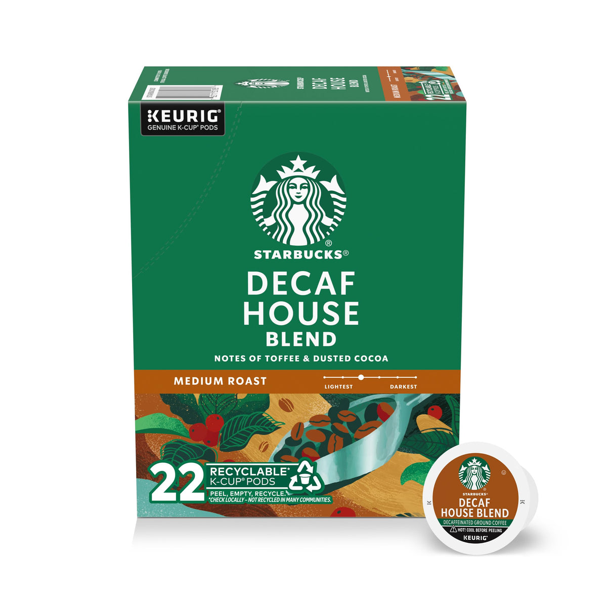 Starbucks Decaf House Blend pod pack for convenient home brewing.