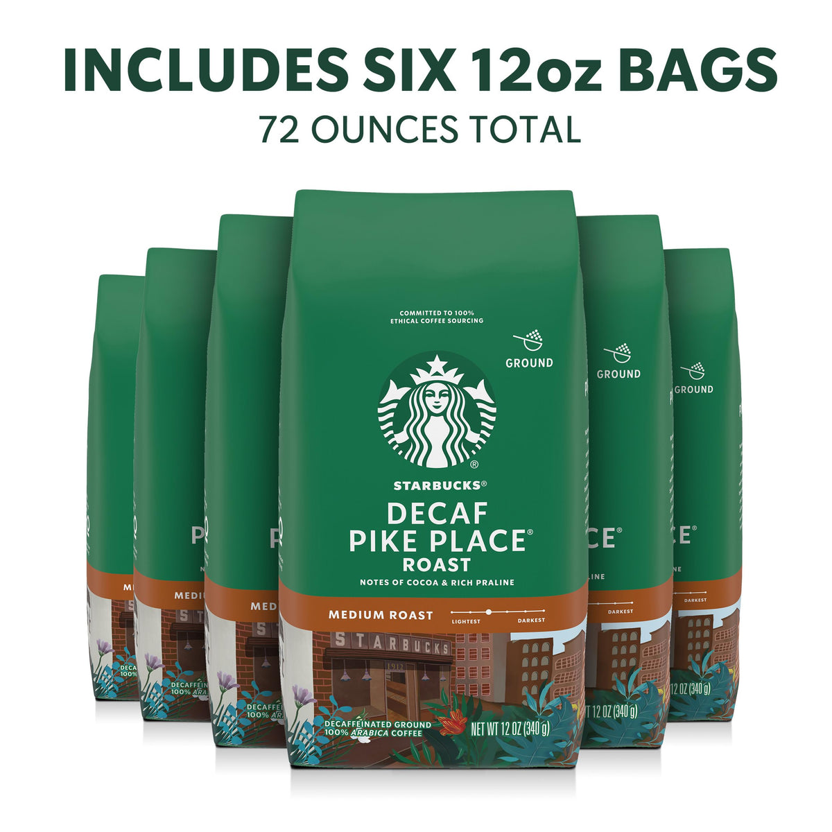 Starbucks Pike Place Decaf aroma close-up highlights cocoa and praline notes.