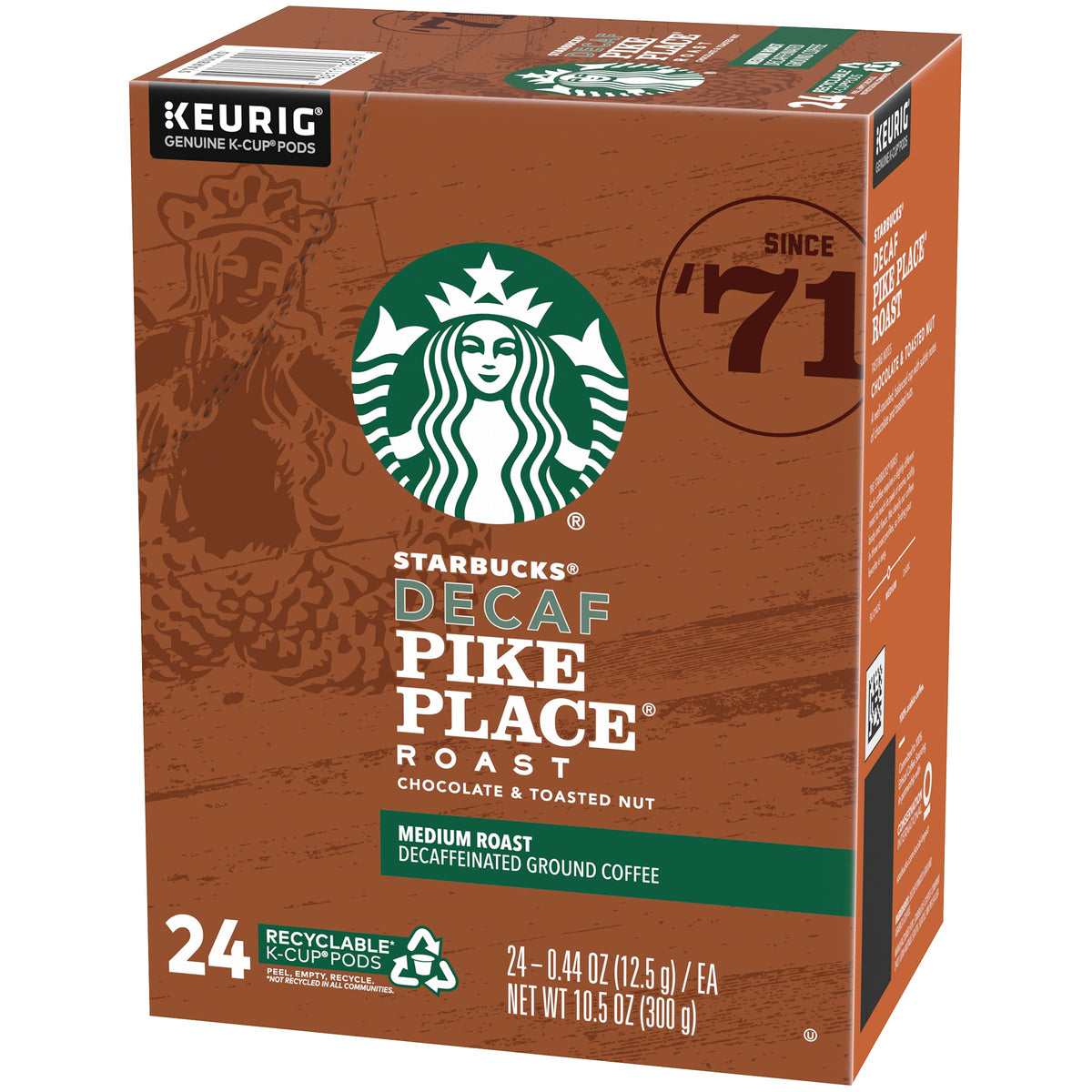 Steaming cup of Starbucks Decaf Pike Place coffee with rich aroma