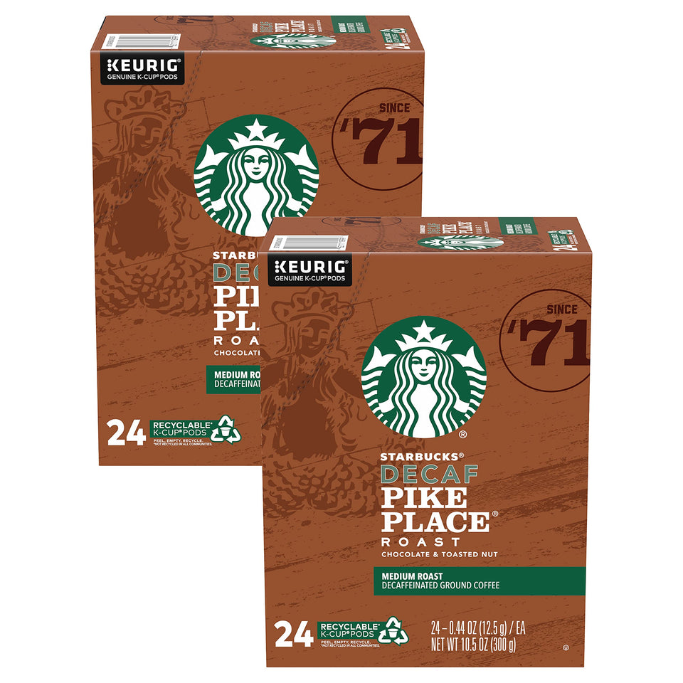 Starbucks Decaf Pike Place K-Cup pods for bold decaf coffee in a convenient single-serve format