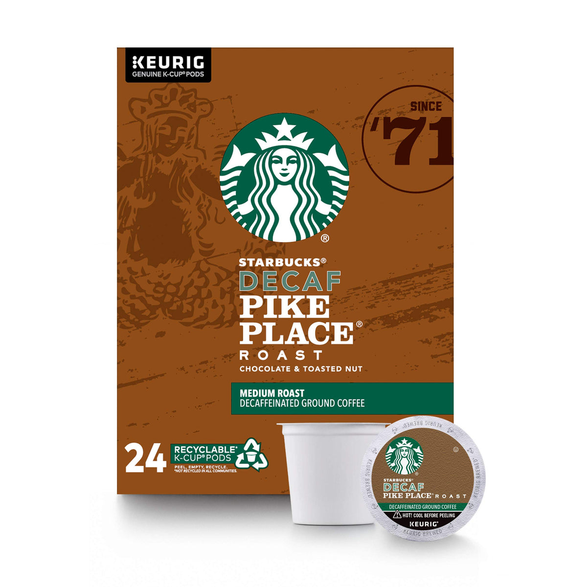 Starbucks Decaf Pike Place Roast K-Cup pods, 24-count, convenient daily option.