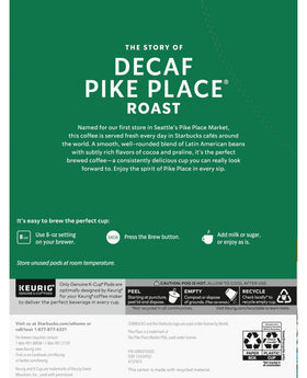 Starbucks Decaf Pike Place K-Cups brewed coffee cup illustration conveying smooth balanced finish.