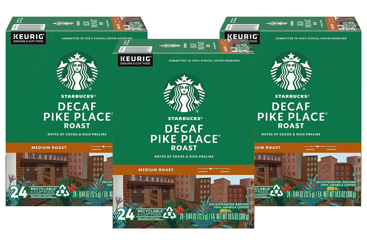 Starbucks Decaf Pike Place K-Cups packaging front showing 72-count box for convenient single-serve mornings.
