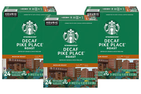 Starbucks Decaf Pike Place K-Cups packaging front showing 72-count box for convenient single-serve mornings.