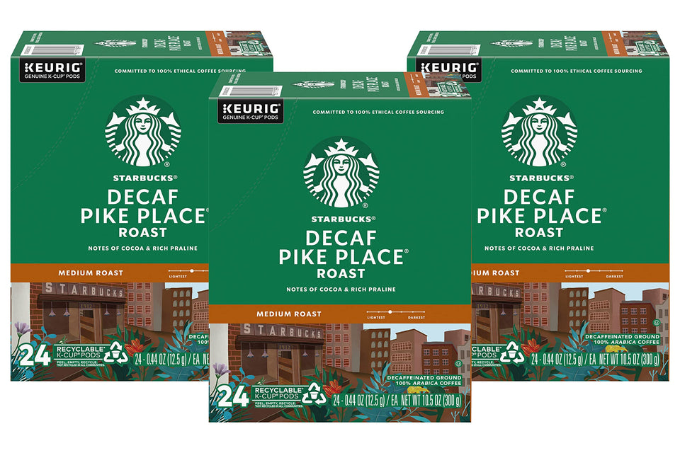 Starbucks Decaf Pike Place K-Cups packaging front showing 72-count box for convenient single-serve mornings.