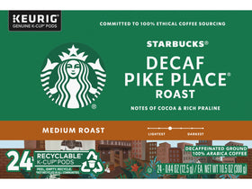 Starbucks Decaf Pike Place roast packaging shows nutty finish and aroma.