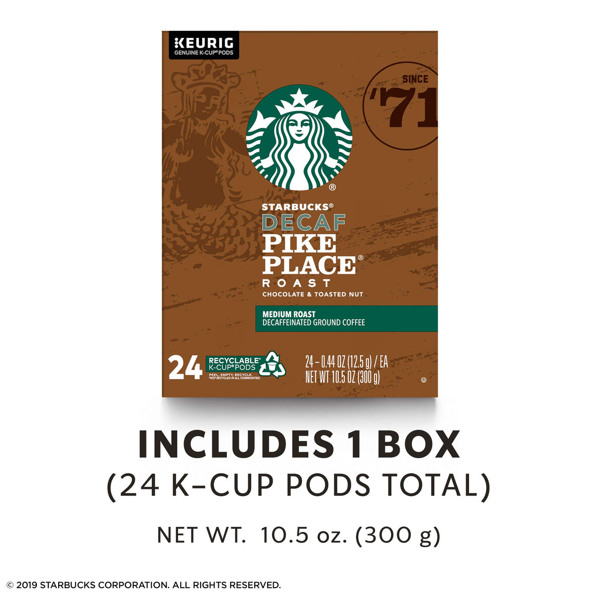 Starbucks Decaf Pike Place Roast packaging on shelf for easy shopping.