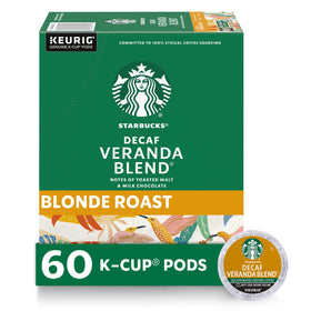 Starbucks Decaf Veranda Blonde K-Cup pod close-up with light roast aroma.