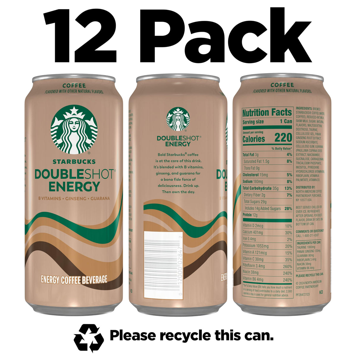 Starbucks Doubleshot Energy Coffee packaging shows a 12-pack for convenient stocking