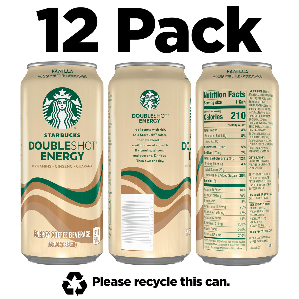 Starbucks Doubleshot Energy Vanilla 12-pack display shows convenient all-day energy.