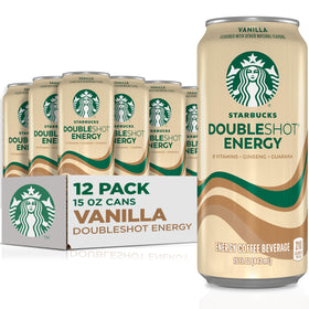 Starbucks Doubleshot Energy Drink Vanilla can closeup for a quick caffeine boost.