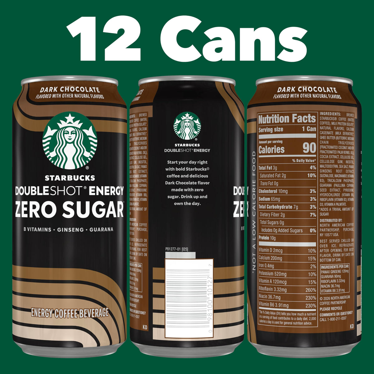Starbucks Doubleshot Zero Sugar energy drink front label can highlights caffeine blend