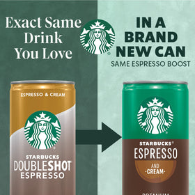 Starbucks Espresso & Cream can back view, showing nutrition and serving details.