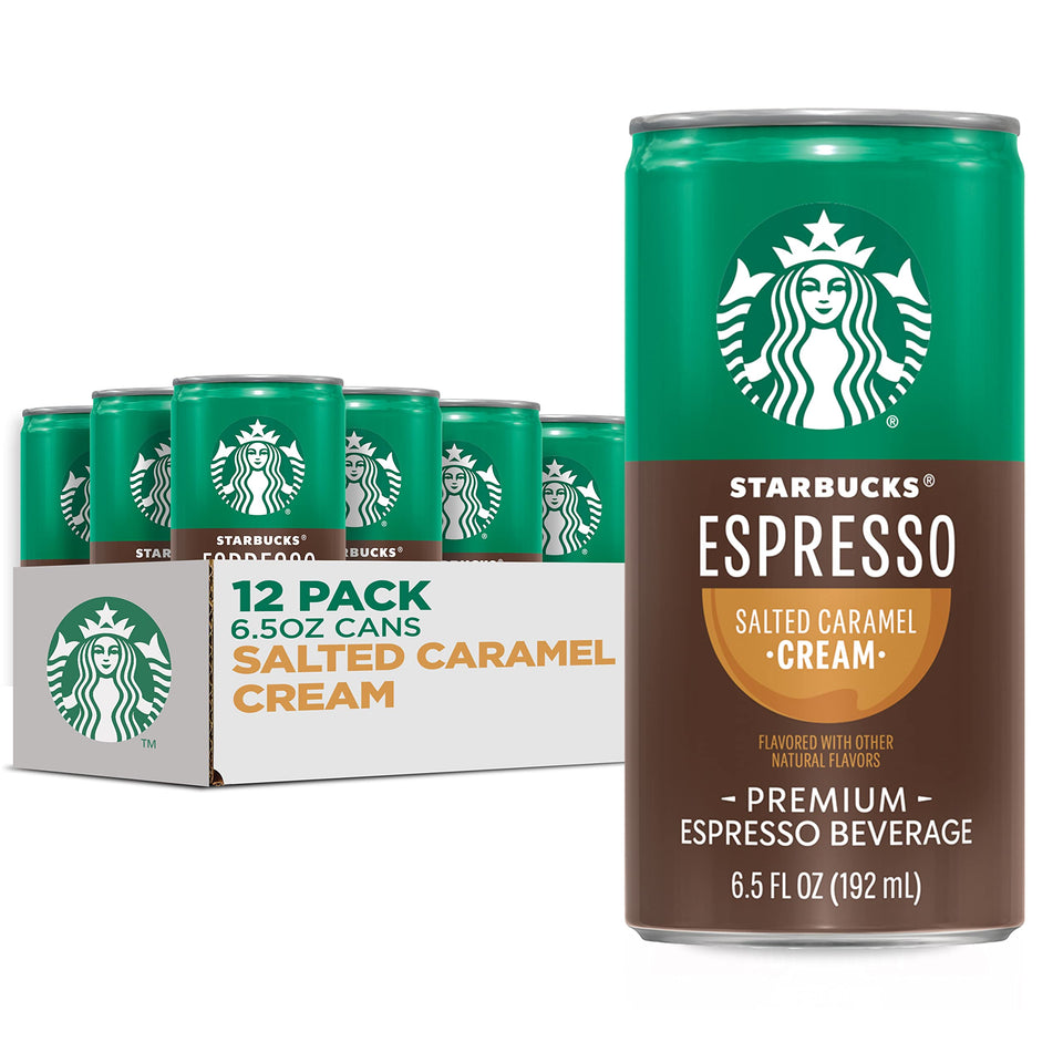 Starbucks Espresso and Cream Salted Caramel can, ready-to-drink, ideal for on-the-go iced coffee.