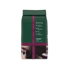 Starbucks Espresso Roast 18-ounce bag on shelf ready for home brewing.