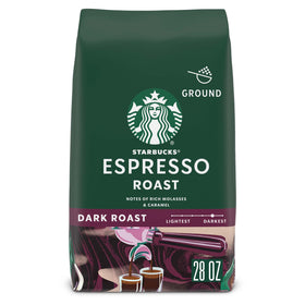 Starbucks Espresso Roast ground coffee 28 oz bag, ideal for a bold daily espresso.