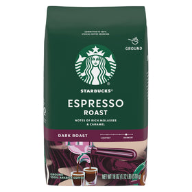 Starbucks Espresso Roast Ground Coffee bag ready for home espresso brewing with caramel sweetness.