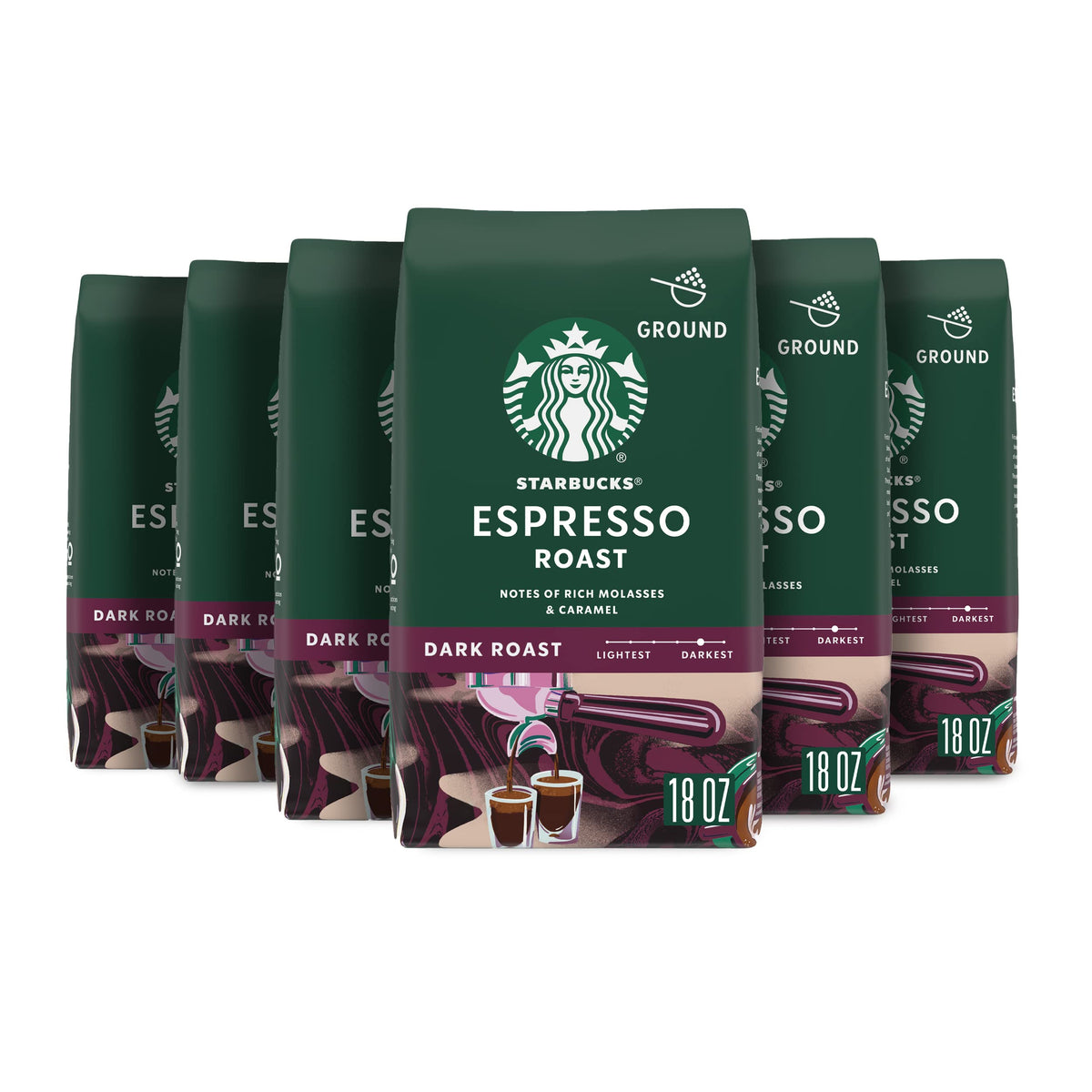Starbucks Espresso Roast ground coffee bags for home brewing with bold molasses and caramel notes