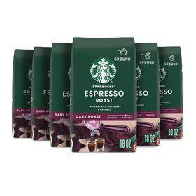 Starbucks Espresso Roast ground coffee bags for home brewing with bold molasses and caramel notes