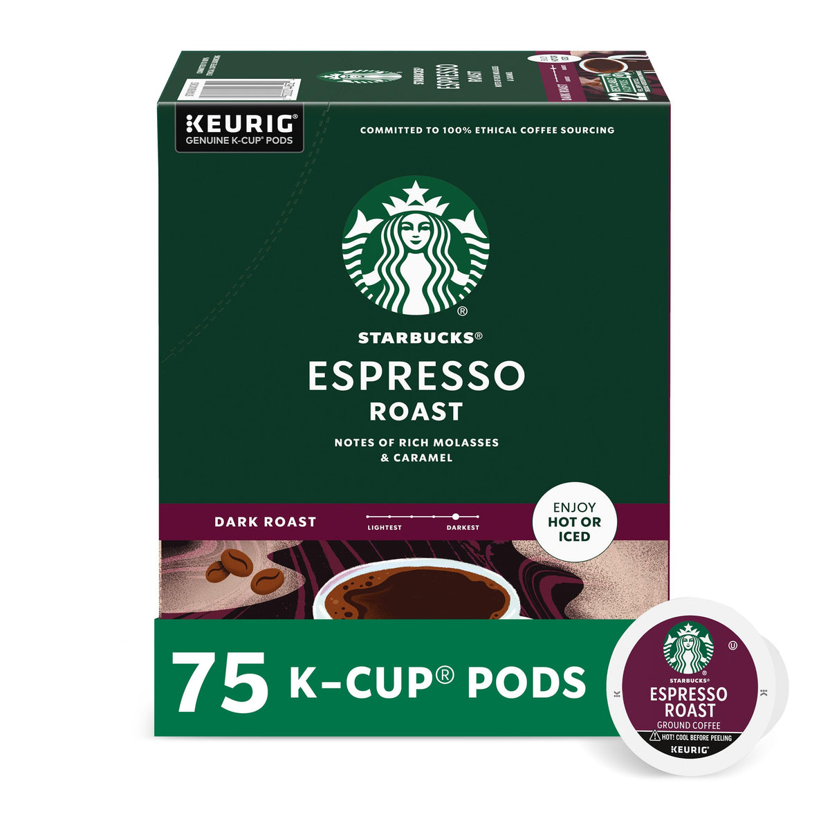 Starbucks Espresso Roast K-Cup pods ready to brew for a bold morning cup