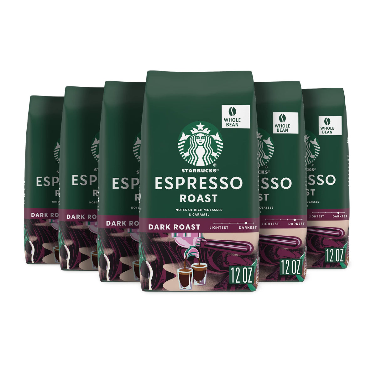 Starbucks Espresso Roast six 12-ounce bags ready for home brewing.