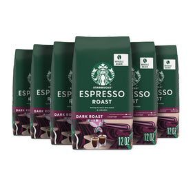 Starbucks Espresso Roast six 12-ounce bags ready for home brewing.