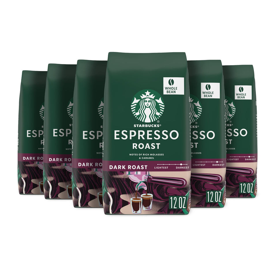 Starbucks Espresso Roast six 12-ounce bags ready for home brewing.