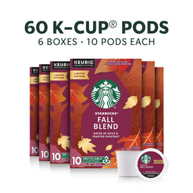 Starbucks Fall Blend boxes and pods showcase a seasonal 60-pack for home use.