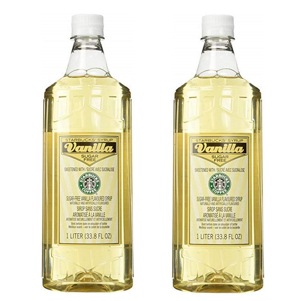 Starbucks sugar-free vanilla syrup bottle in pack for flavoring coffee without sugar