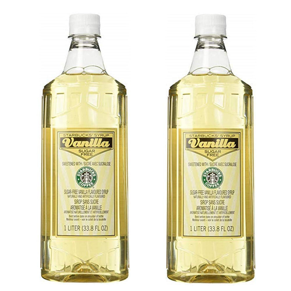 Starbucks sugar-free vanilla syrup bottle in pack for flavoring coffee without sugar