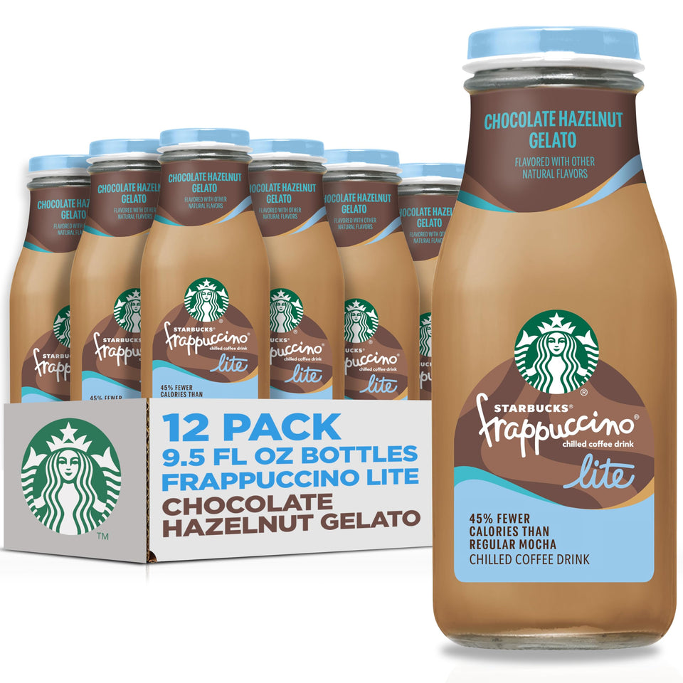 Starbucks Frappuccino Lite bottle label close-up highlighting chocolate hazelnut flavor