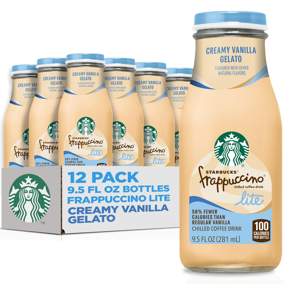 Starbucks Frappuccino Lite vanilla bottle shows creamy texture and coffee aroma for on-the-go refreshment.